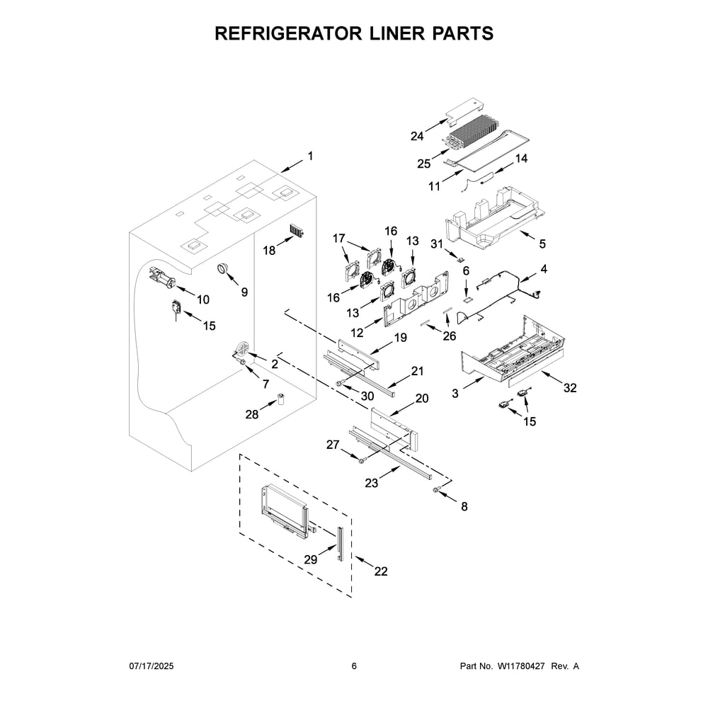 Refrigerator Liner Parts Diagram and Parts List for KBBR336SPS00  KitchenAid Refrigerator