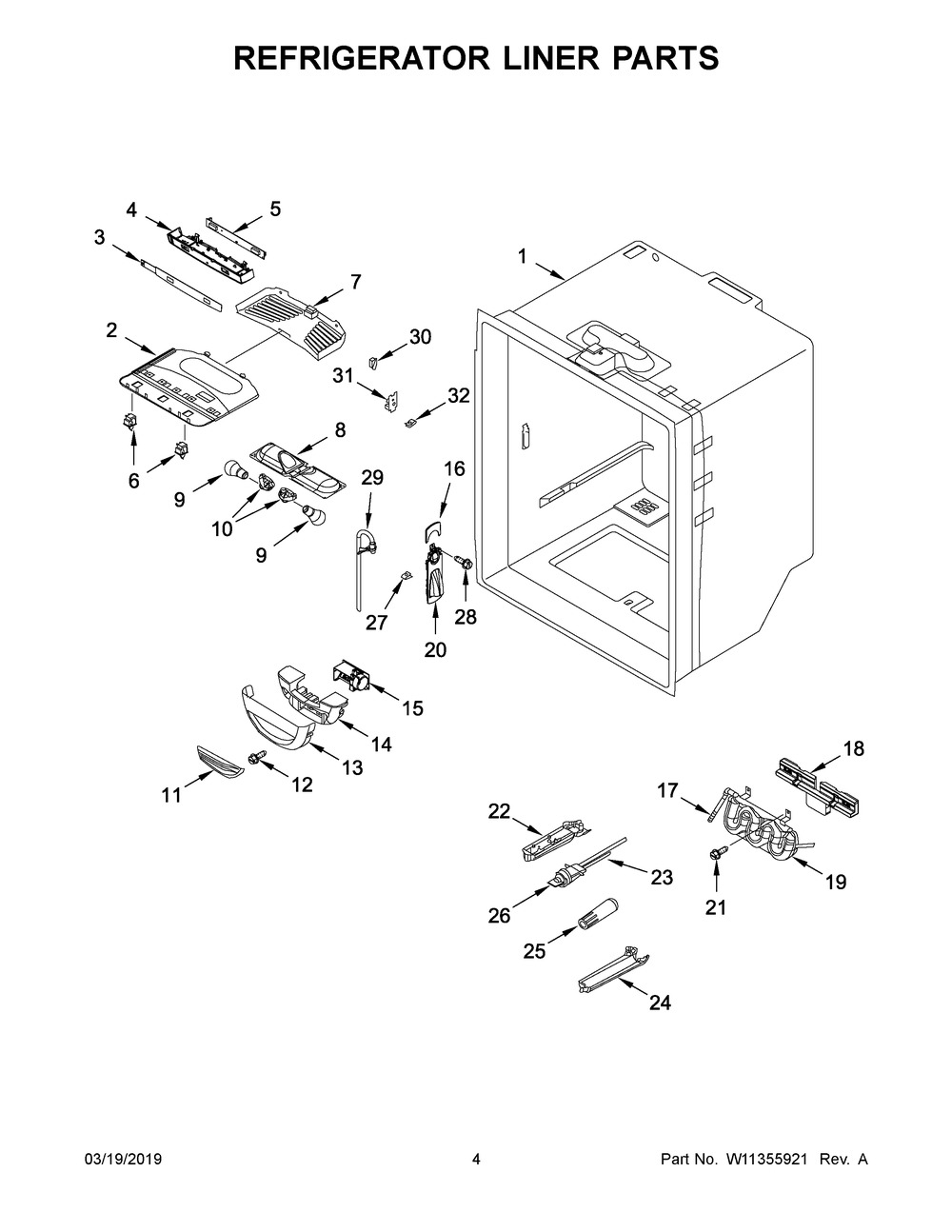 Refrigerator Liner Parts Diagram and Parts List for WRF540CWHB01  Whirlpool Refrigerator