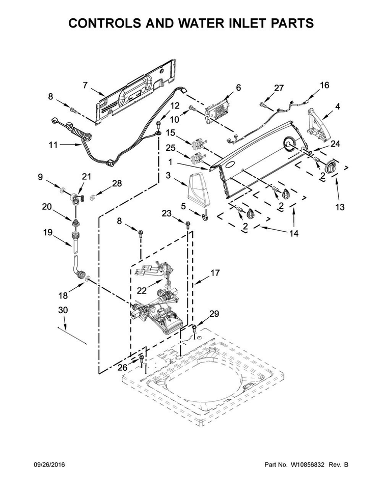 Controls And Water Inlet Parts Diagram and Parts List for 2DWTW4740YQ1  Whirlpool Washer
