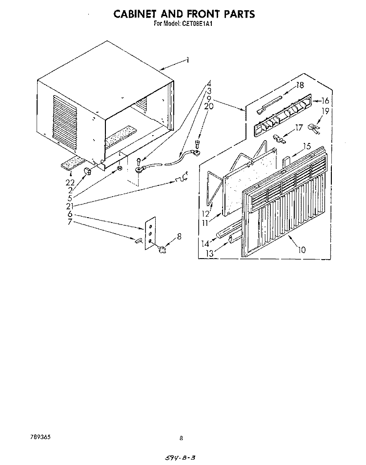 CABINET AND FRONT Diagram and Parts List for CET08E1A1  Whirlpool Air Conditioner