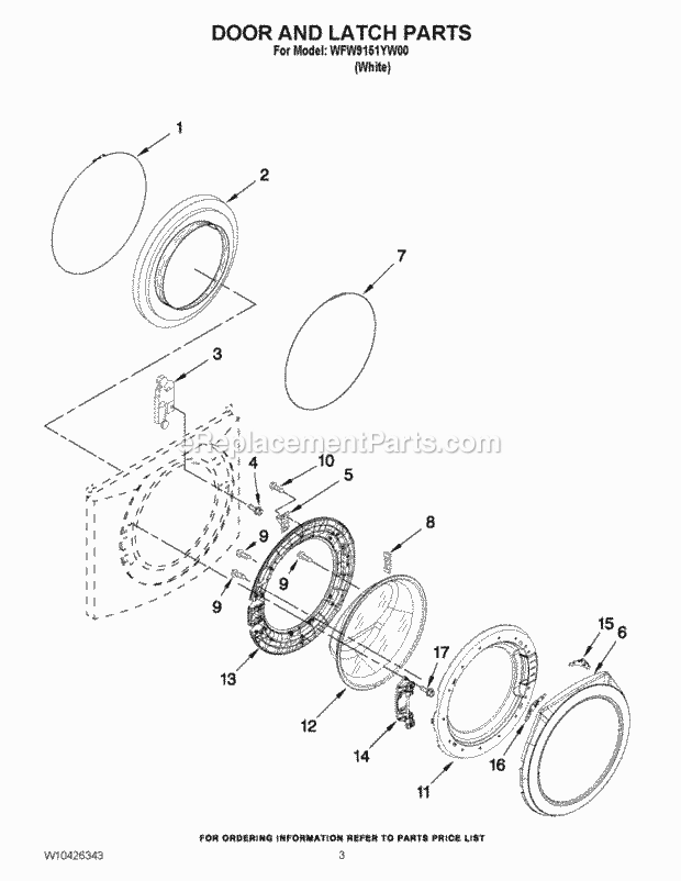 DOOR AND LATCH PARTS Diagram and Parts List for WFW9151YW00  Whirlpool Washer