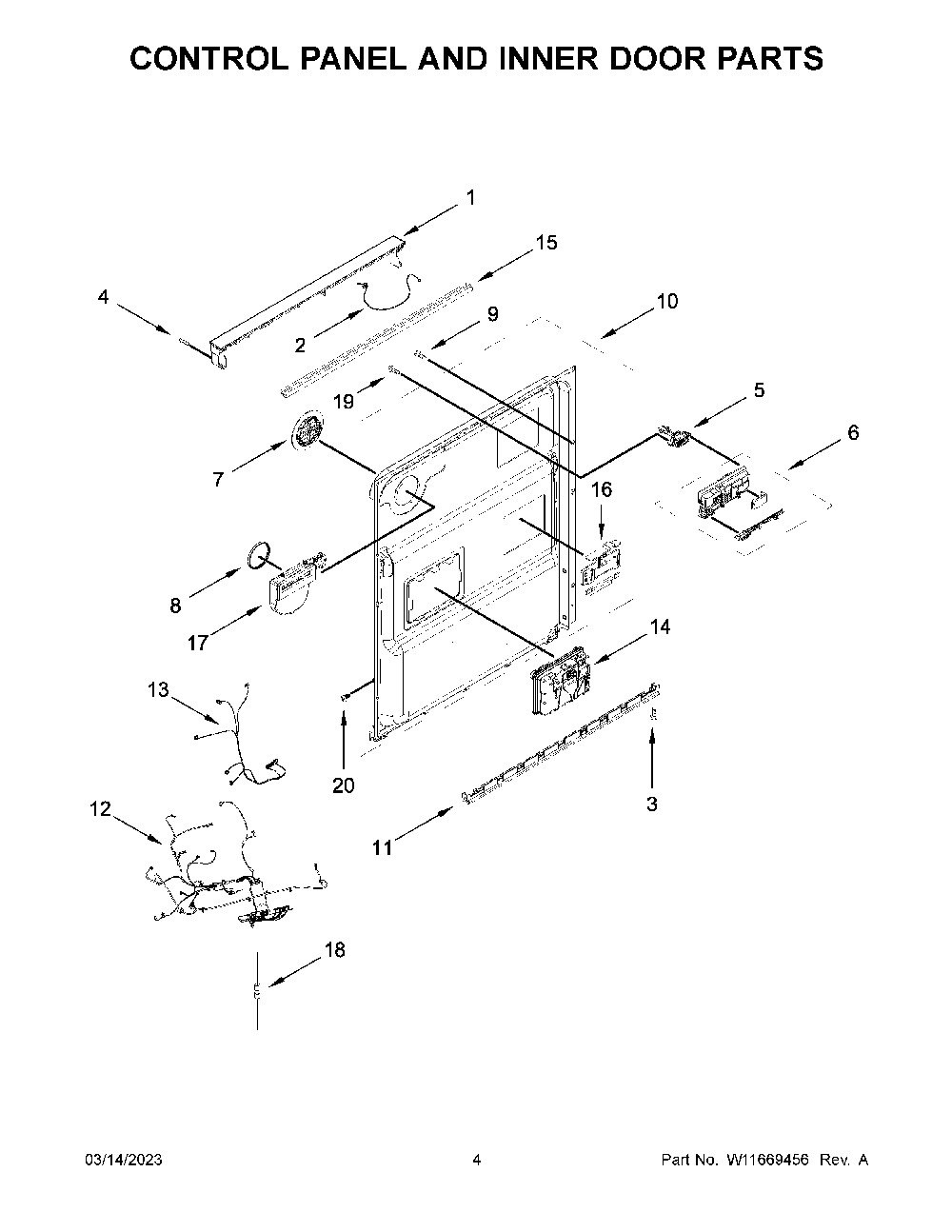 Control Panel And Inner Door Parts Diagram and Parts List for KDFE104KPS1  KitchenAid Dishwasher