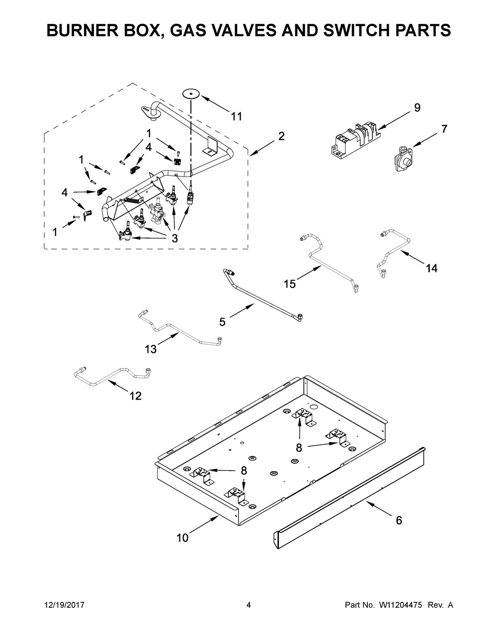 Burner Box, Gas Valves And Switch Parts Diagram and Parts List for WCG77US0HS00  Whirlpool Cooktop