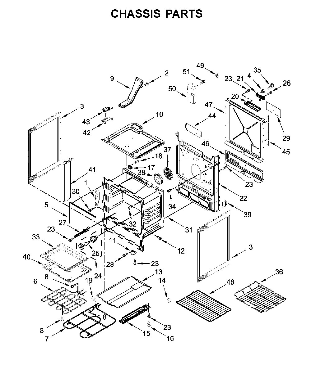 Chassis parts Diagram and Parts List for 66495123612  Kenmore Range