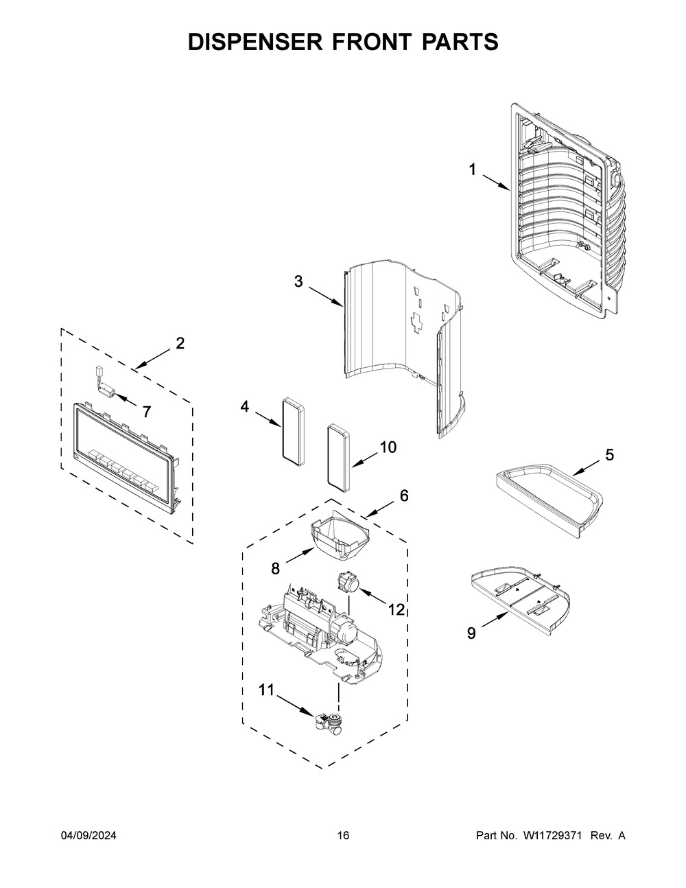 Dispenser Front Parts Diagram and Parts List for WRF555SDFZ19  Whirlpool Refrigerator