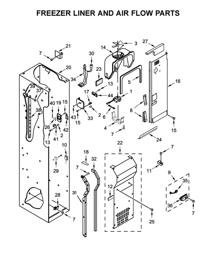 Freezer Liner And Air Flow Parts Diagram and Parts List for KBSD618ESS01  KitchenAid Refrigerator