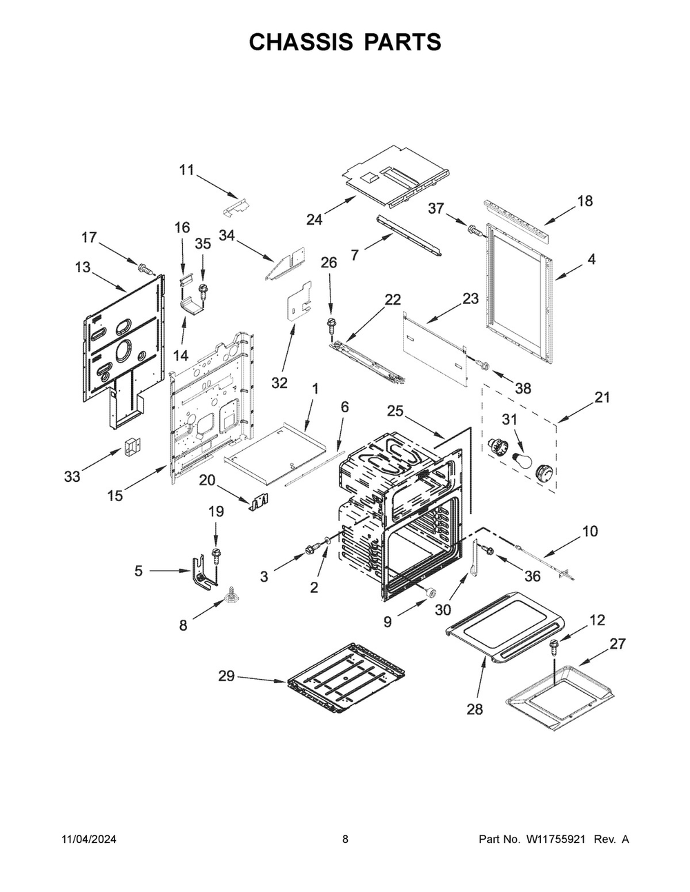 05 - Chassis Parts Diagram and Parts List for KFGD500EBS11  Whirlpool Range