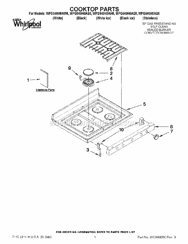 Cooktop Parts Diagram and Parts List for WFG540H0AB0  Whirlpool Range
