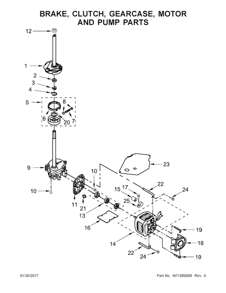 Brake, Clutch, Gearcase, Motor And Pump Parts Diagram and Parts List for WET4027EW1  Whirlpool Washer Dryer Combo