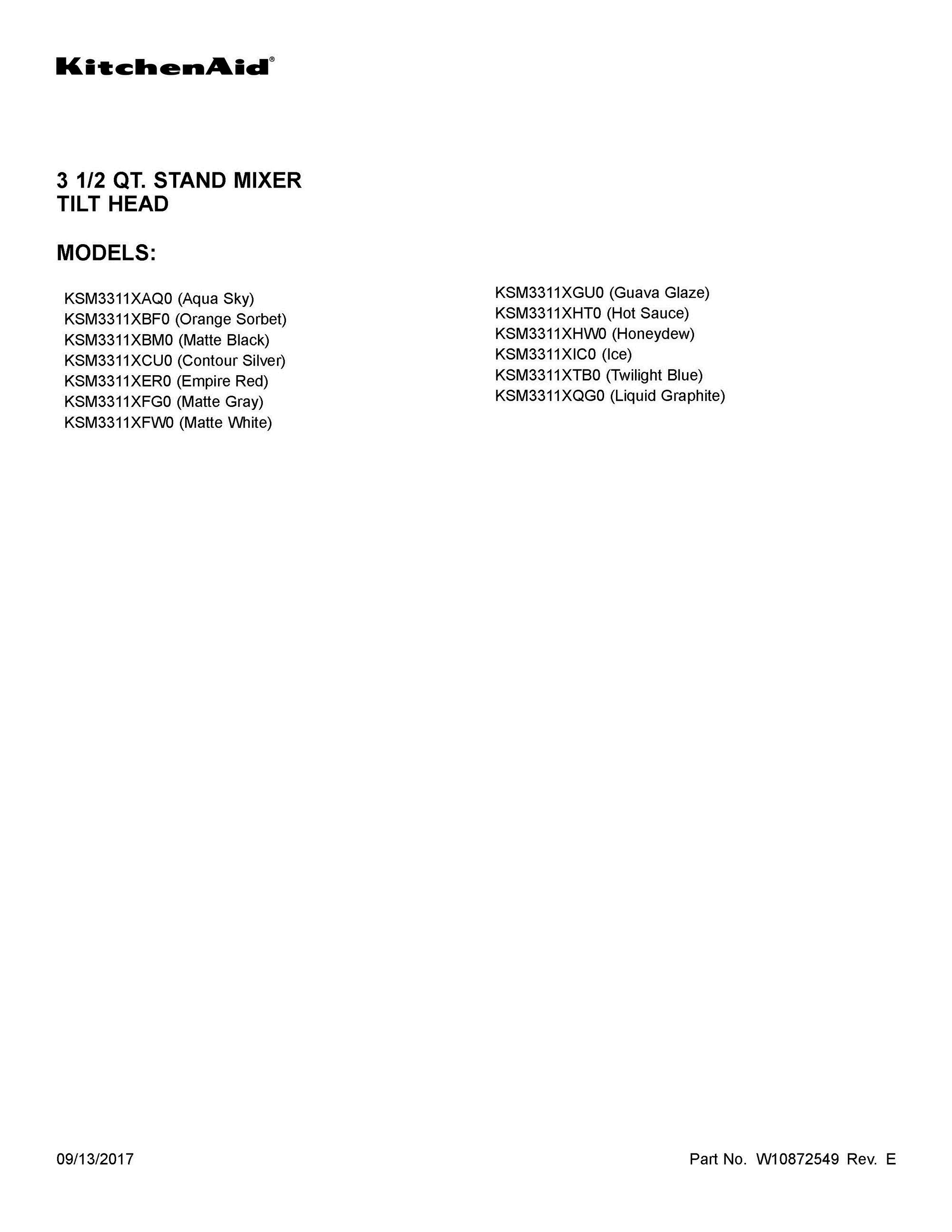 01 - COVER SHEET Diagram and Parts List for KSM3311XQG0  Whirlpool Mixer
