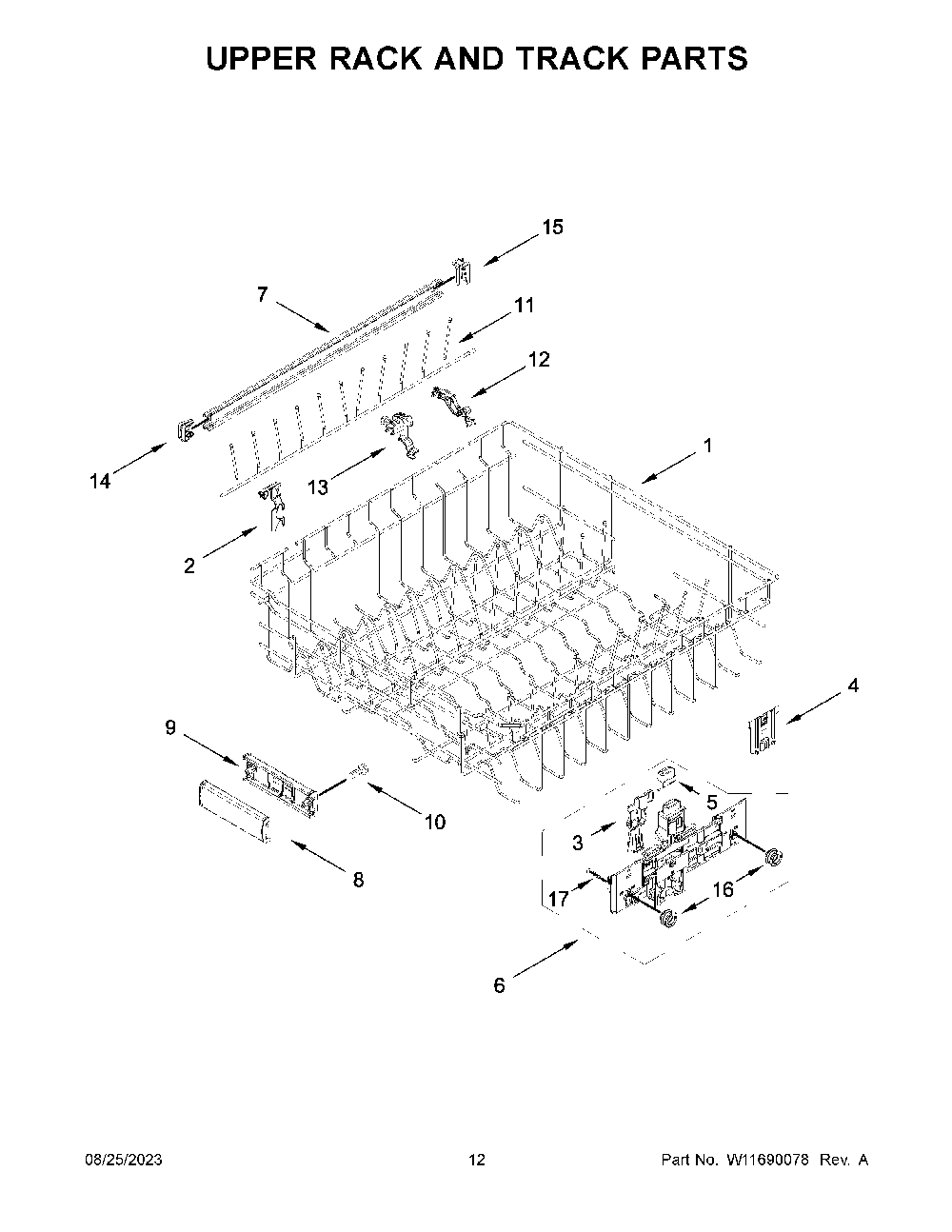 Upper Rack And Track Parts Diagram and Parts List for KDTM405PPS0  KitchenAid Dishwasher