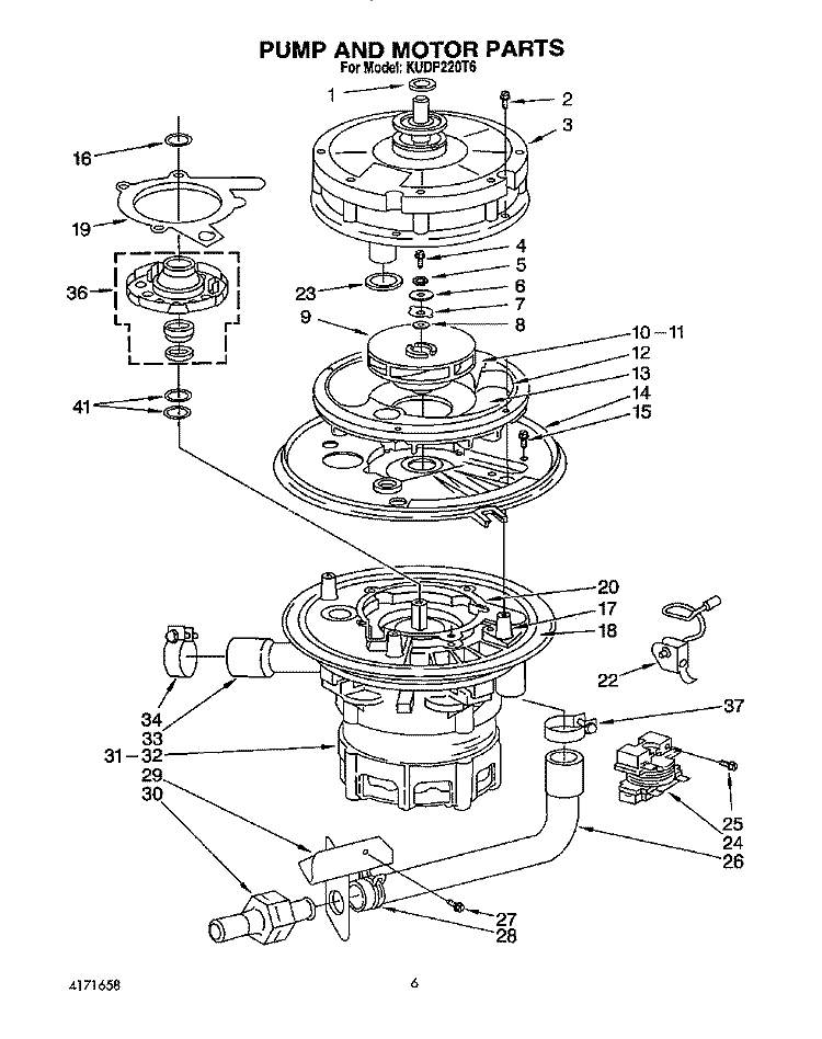 PUMP AND MOTOR Diagram and Parts List for KUDP220T6  KitchenAid Dishwasher