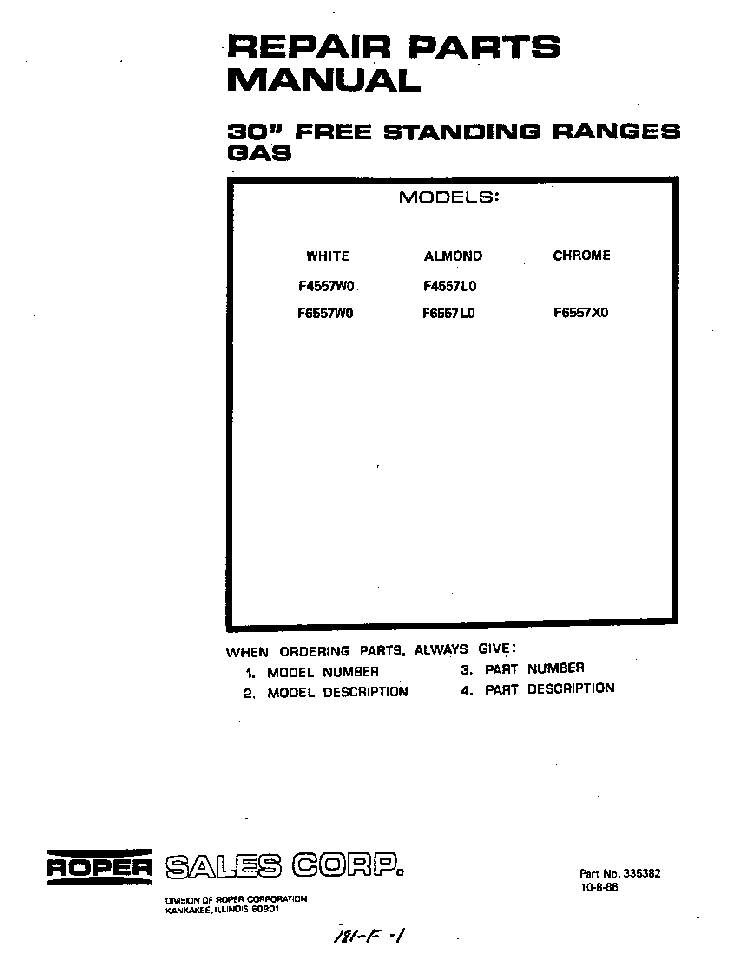 Cover Page-text Only Diagram and Parts List for F6557*0  Roper Range