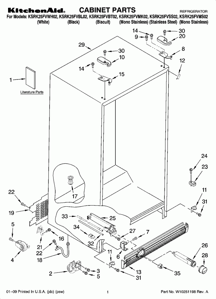 CABINET PARTS Diagram and Parts List for KSRK25FVMK02  KitchenAid Refrigerator