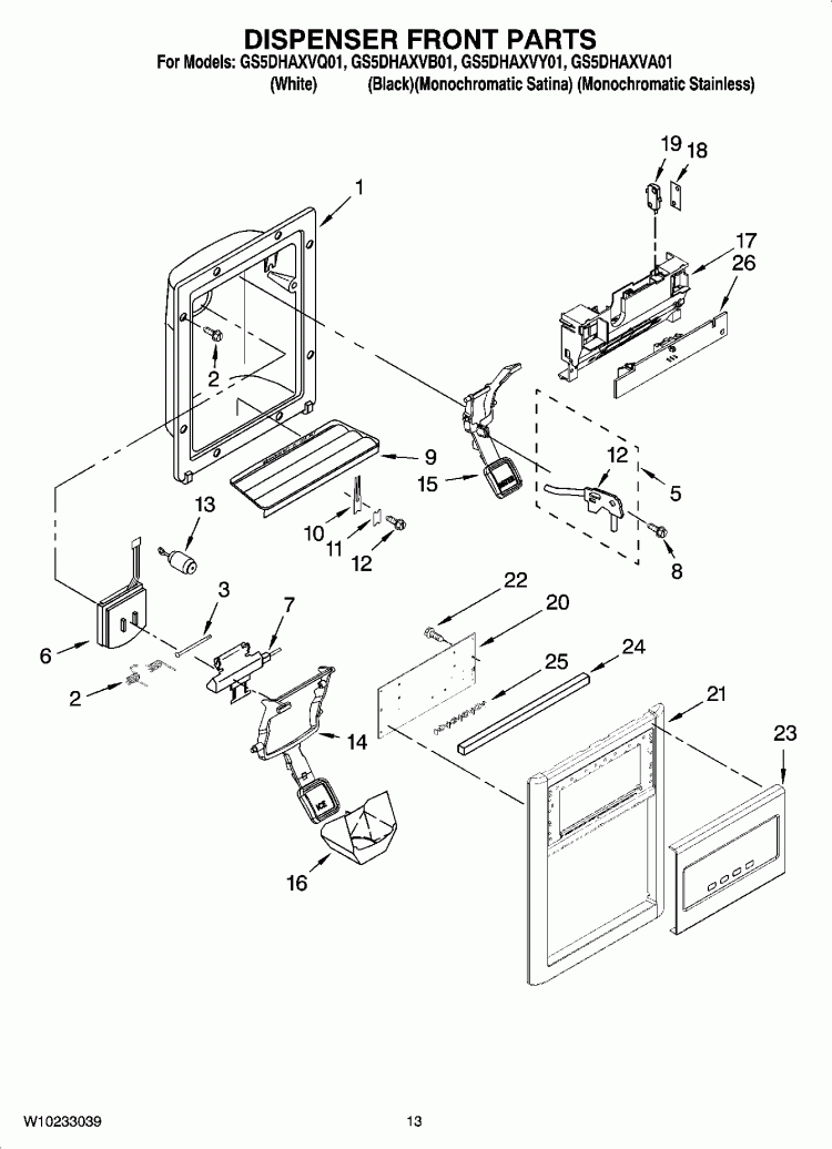 DISPENSER FRONT PARTS Diagram and Parts List for GS5DHAXVB01  Whirlpool Refrigerator