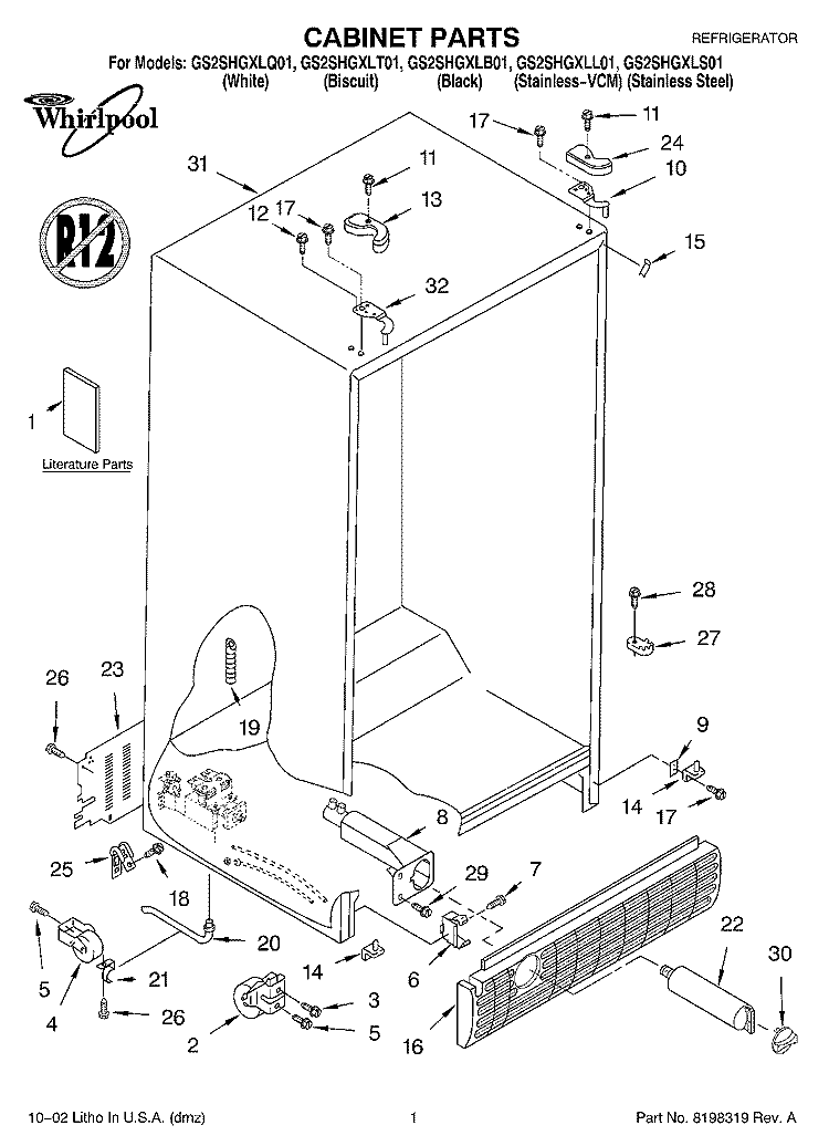 CABINET, LITERATURE Diagram and Parts List for GS2SHGXLT01  Whirlpool Refrigerator