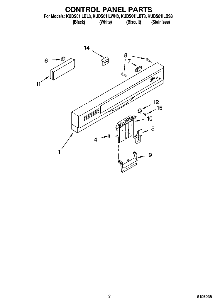 CONTROL PANEL PARTS Diagram and Parts List for KUDS01ILBT3  KitchenAid Dishwasher