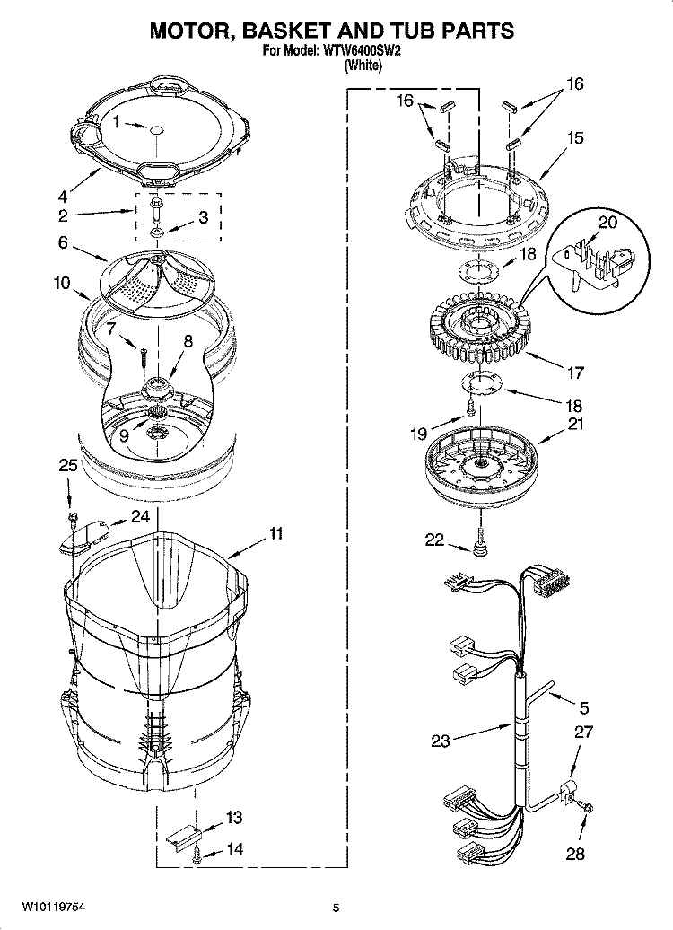 MOTOR, BASKET AND TUB PARTS Diagram and Parts List for WTW6400SW2  Whirlpool Washer