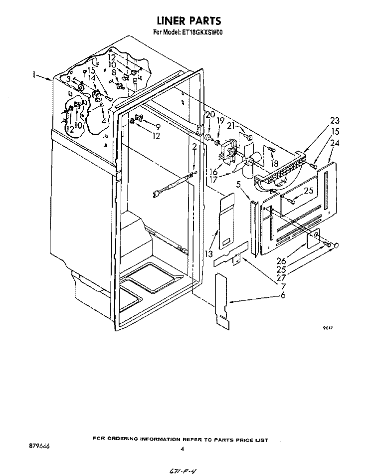 LINER Diagram and Parts List for ET18GKXSW00  Whirlpool Refrigerator