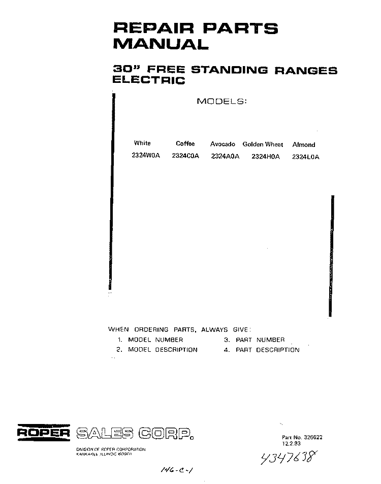 BACKGUARD Diagram and Parts List for 2324W0A  Roper Range