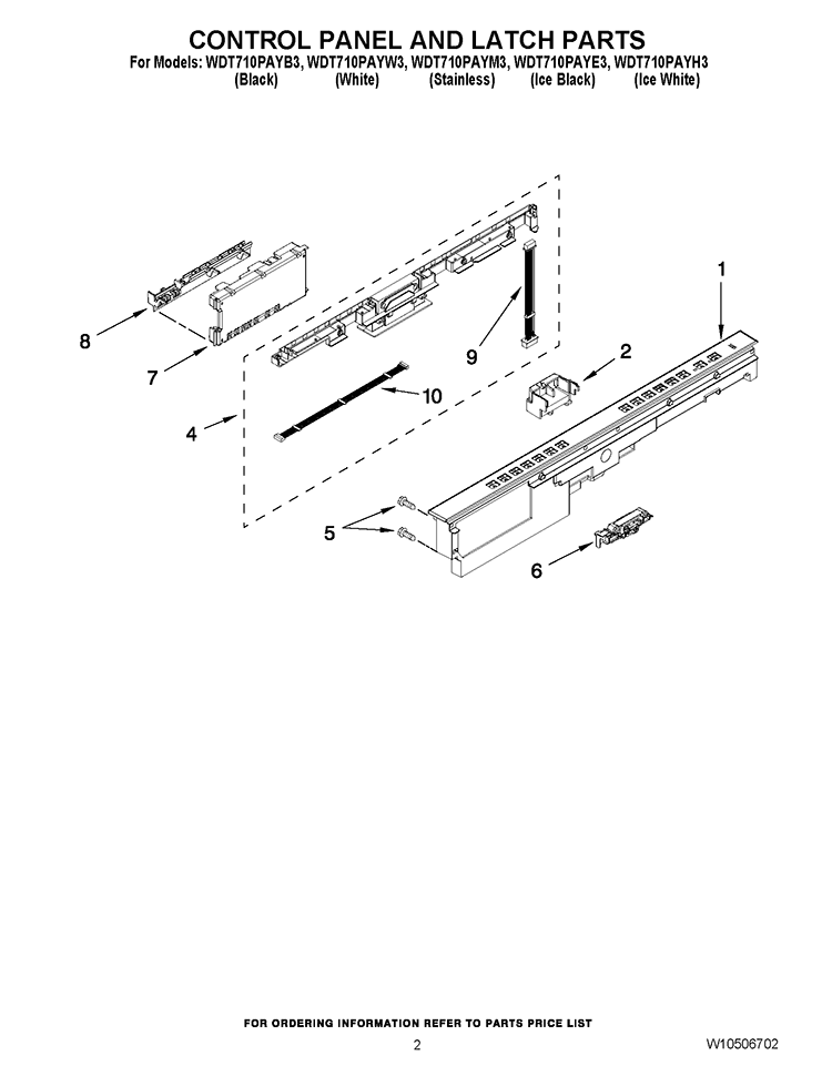 CONTROL PANEL AND LATCH PARTS Diagram and Parts List for WDT710PAYB3  Whirlpool Dishwasher