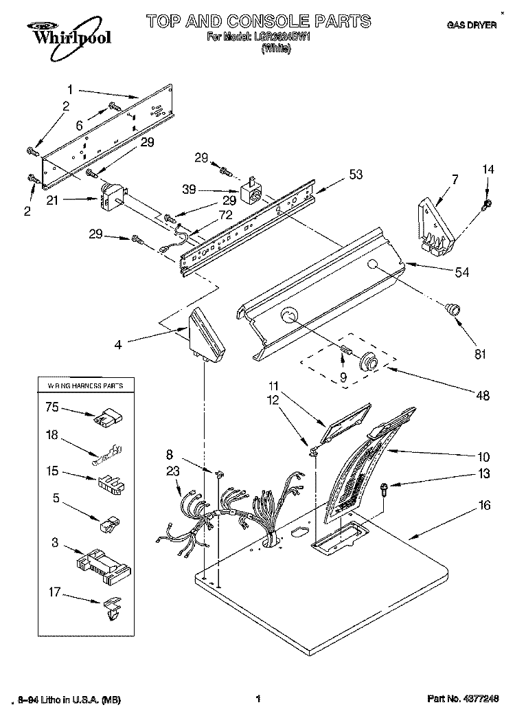 TOP AND CONSOLE, LIT/OPTIONAL Diagram and Parts List for LGR3624BW1  Whirlpool Dryer