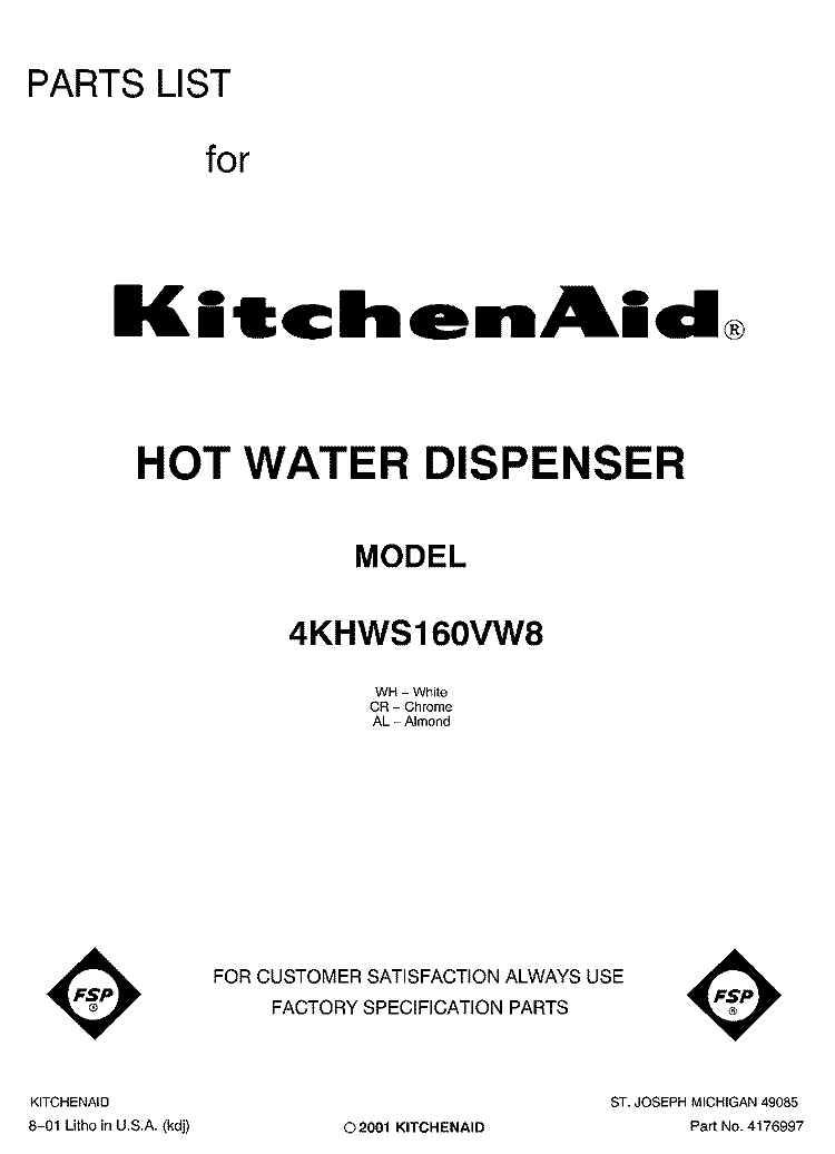 FRONT COVER Diagram and Parts List for 4KHWS160VW8  KitchenAid Miscellaneous