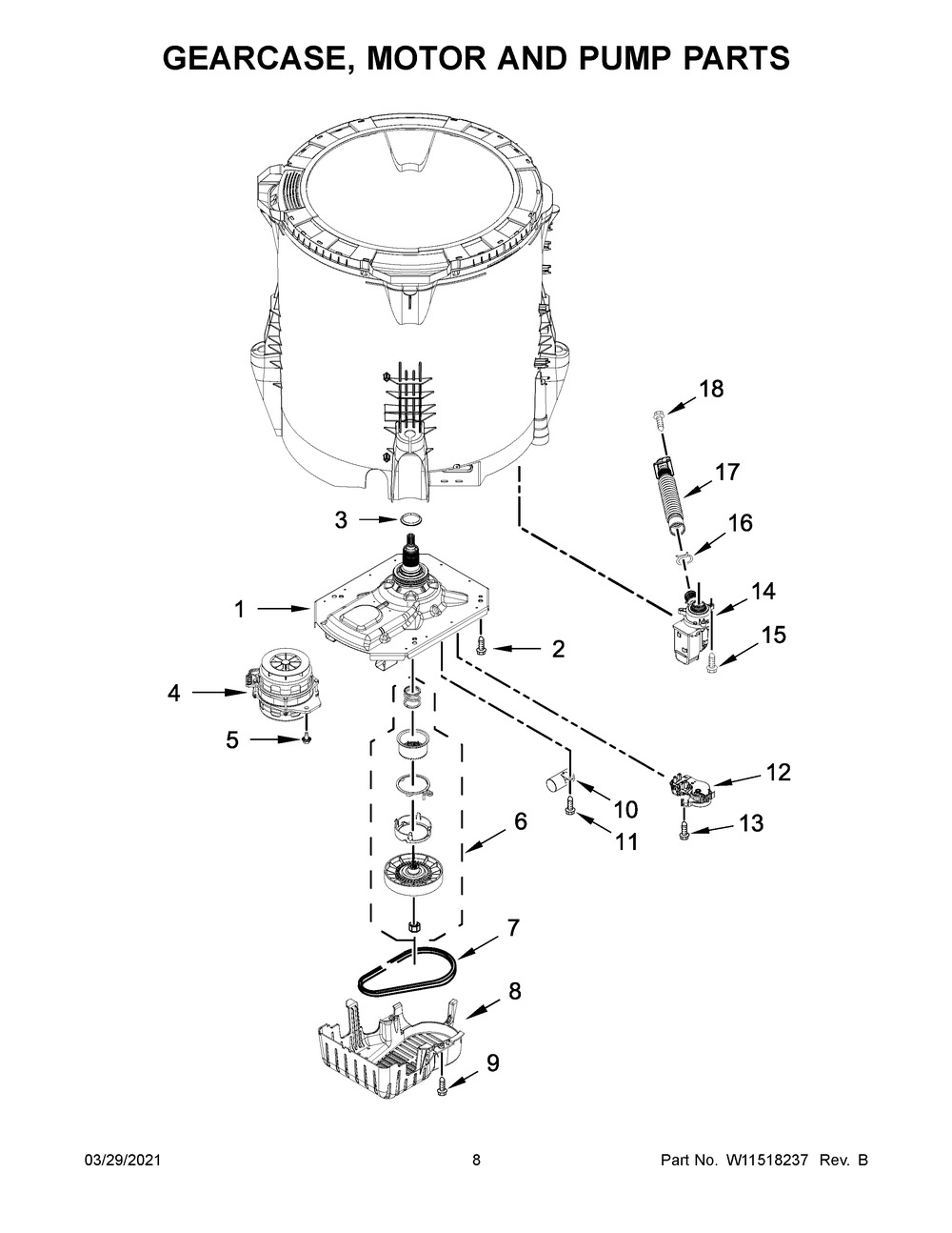 Gearcase, Motor And Pump Parts Diagram and Parts List for MVW6200KW1  Whirlpool Washer