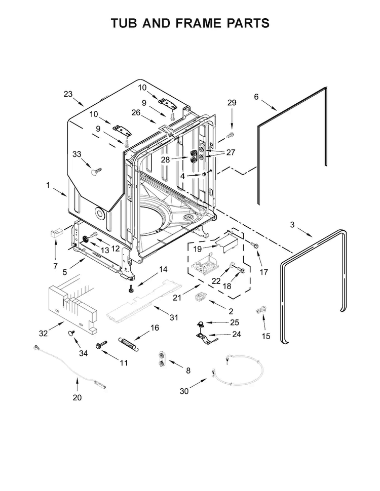 Tub And Frame Parts Diagram and Parts List for WDT750SAHB0  Whirlpool Dishwasher