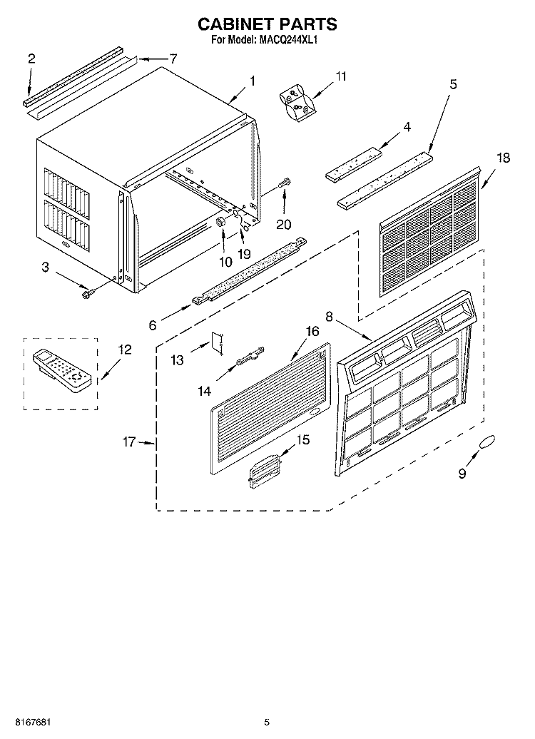 CABINET PARTS, OPTIONAL PARTS (NOT INCLUDED) Diagram and Parts List for MACQ244XL1  Whirlpool Air Conditioner