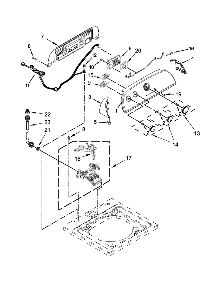 Controls And Water Inlet Parts Diagram and Parts List for 7MWTW1504DQ0  Whirlpool Washer