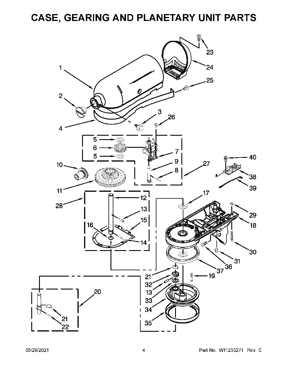 Case, Gearing And Planetary Unit Diagram and Parts List for 5KSM165PSCKG0  KitchenAid Mixer