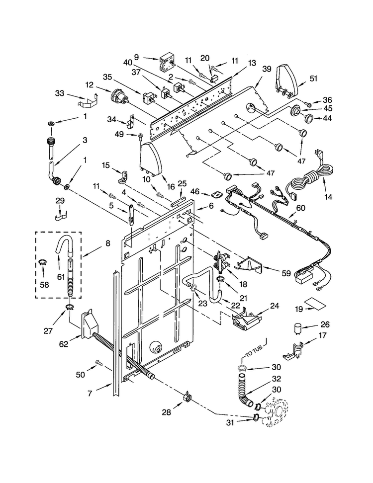 Controls And Rear Panel Diagram and Parts List for LSQ9565MQ0  Whirlpool Washer
