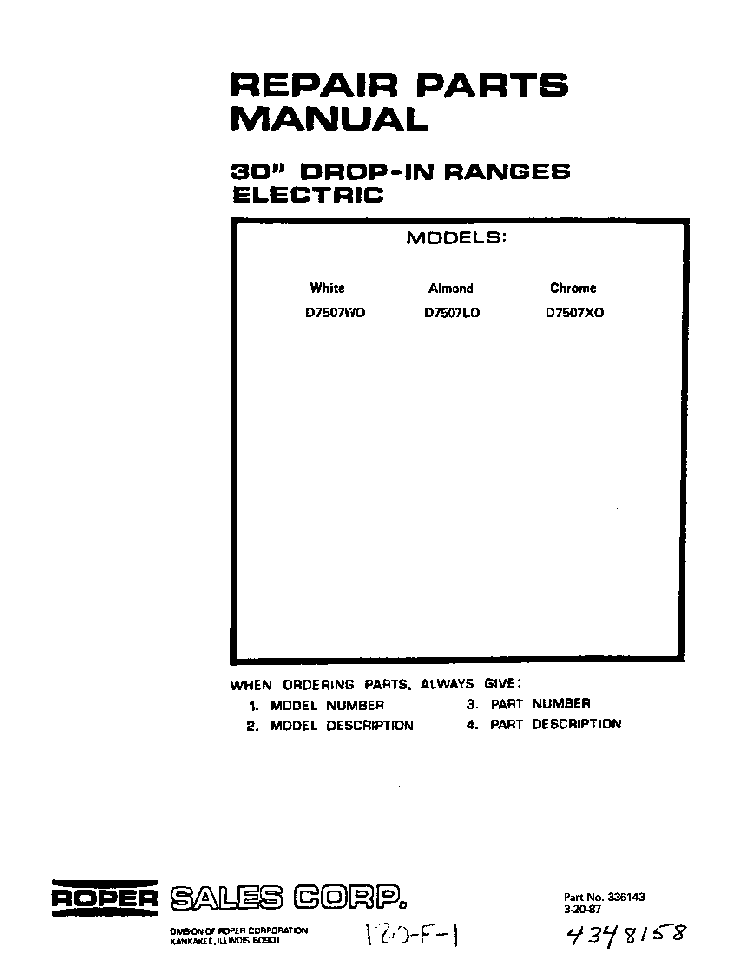 Front Cover Diagram and Parts List for D7507*0  Roper Range