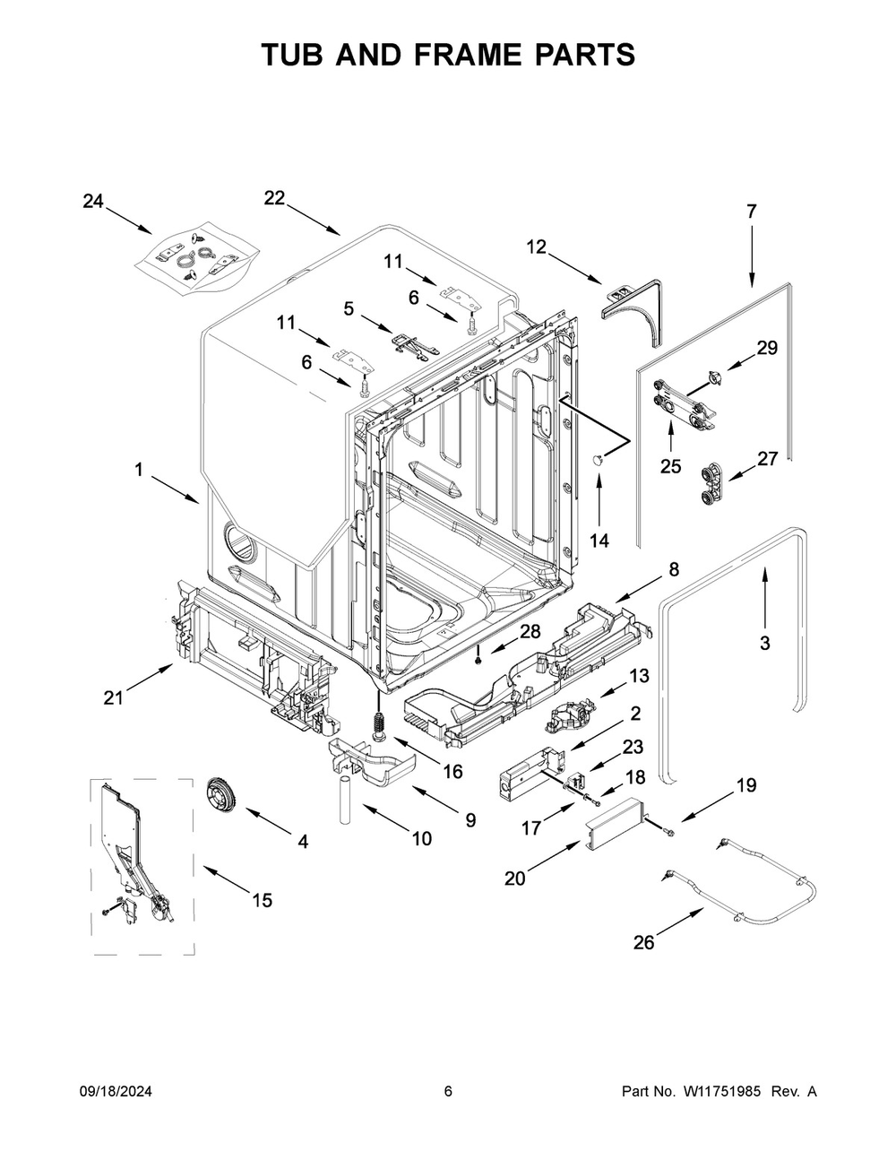 04 - Tub And Frame Parts Diagram and Parts List for MDB9959SKZ3  Whirlpool Dishwasher