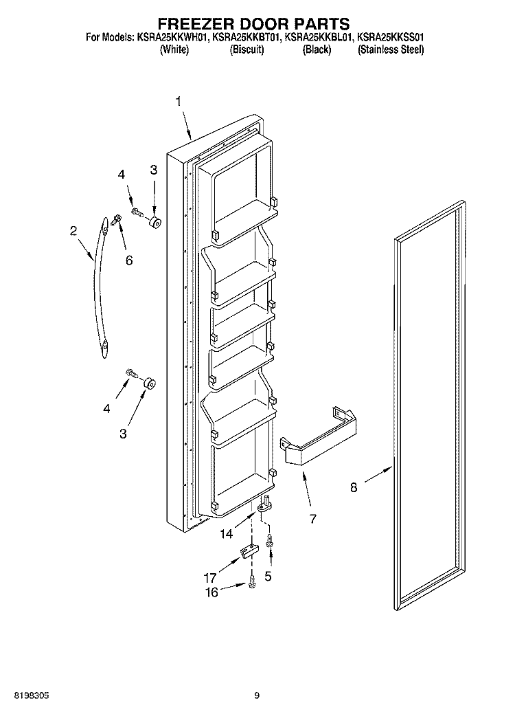 FREEZER DOOR PARTS Diagram and Parts List for KSRA25KKSS01  KitchenAid Refrigerator