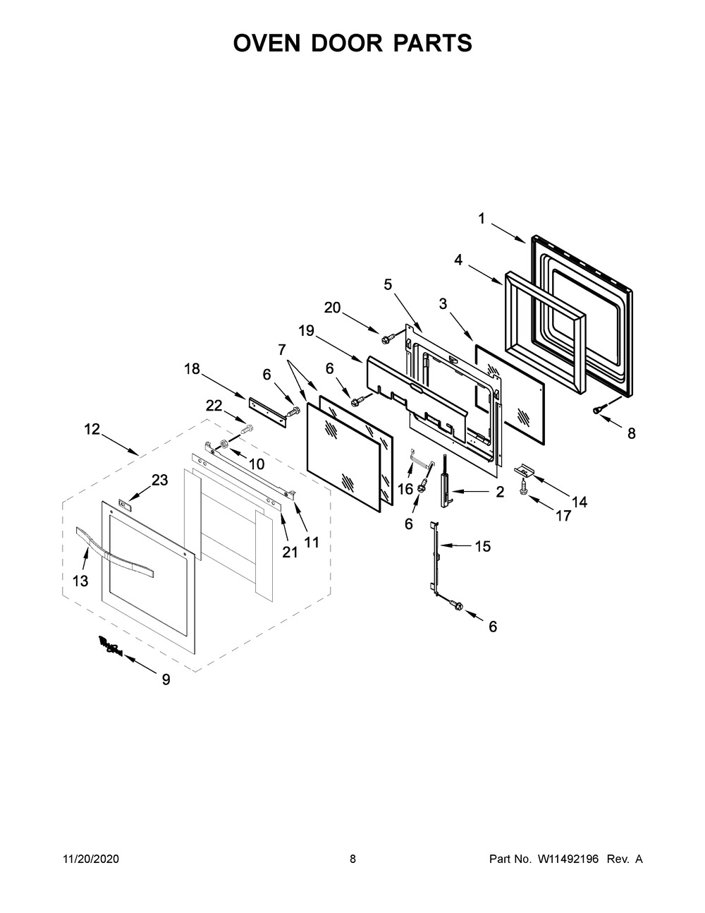 Oven Door Parts Diagram and Parts List for WOS51ES4ES02  Whirlpool Wall Oven