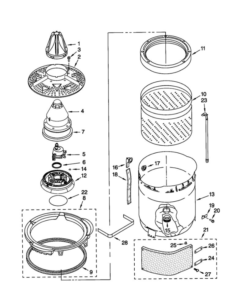 Washplate, Basket, And Tube Diagram and Parts List for 11021084000  Kenmore Washer