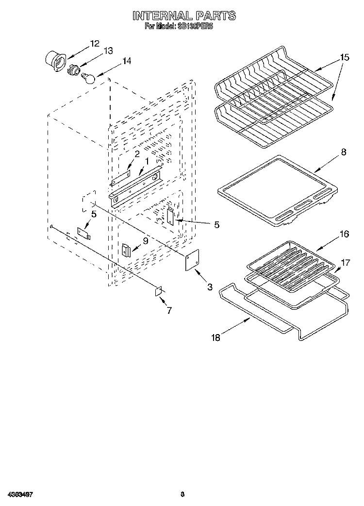 INTERNAL Diagram and Parts List for SB130PER5  Whirlpool Wall Oven