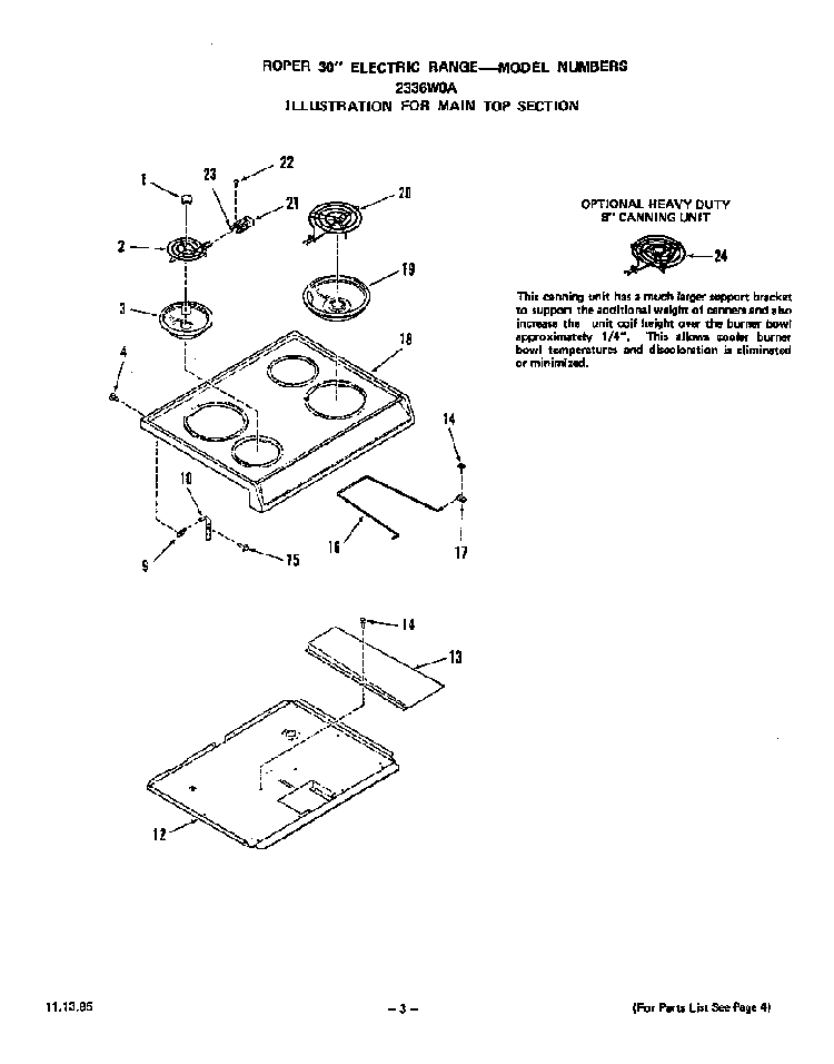 Main Top Diagram and Parts List for 2336*0A  Roper Range