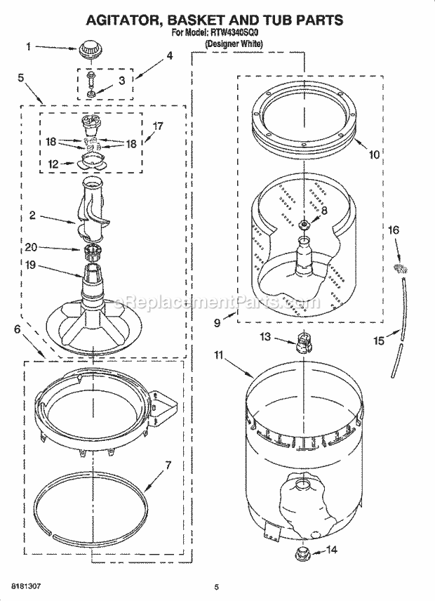 AGITATOR, BASKET AND TUB PARTS Diagram and Parts List for RTW4340SQ0  Roper Washer