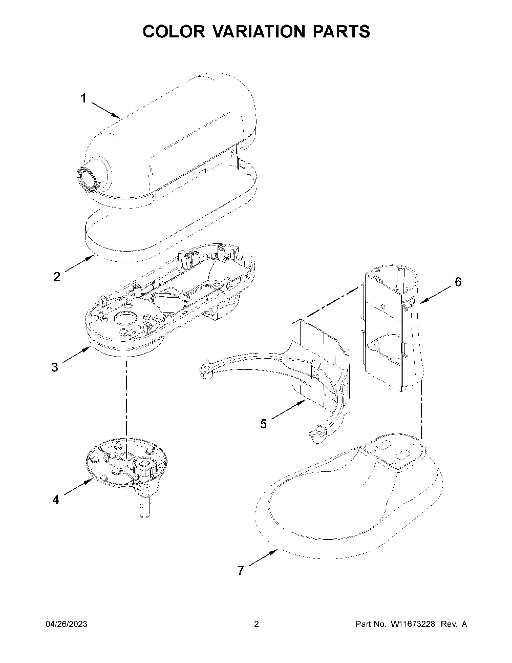 Color Variation Parts Diagram and Parts List for 5KSM70SHXWER0  KitchenAid Mixer