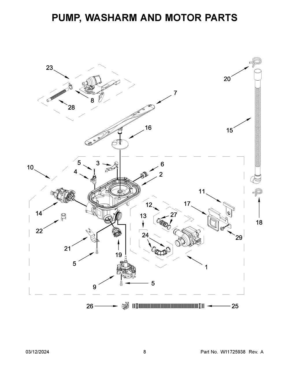 Pump, Washarm And Motor Parts Diagram and Parts List for WDT970SAKV3  Whirlpool Dishwasher