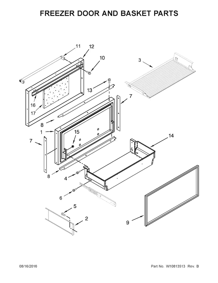 Freezer Door And Basket Parts Diagram and Parts List for KBFN502ESS01  KitchenAid Refrigerator