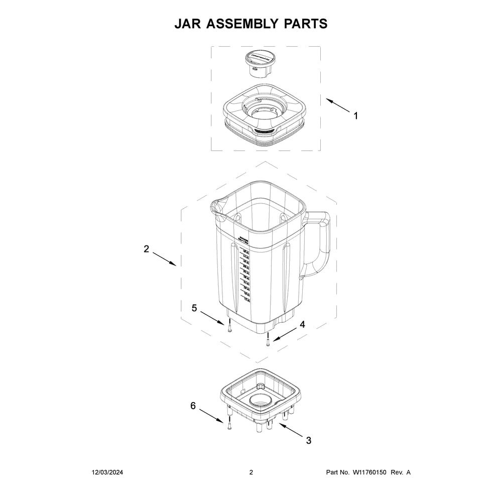 Jar Assembly Parts Diagram and Parts List for 5KSB4026BPP1  KitchenAid Blender