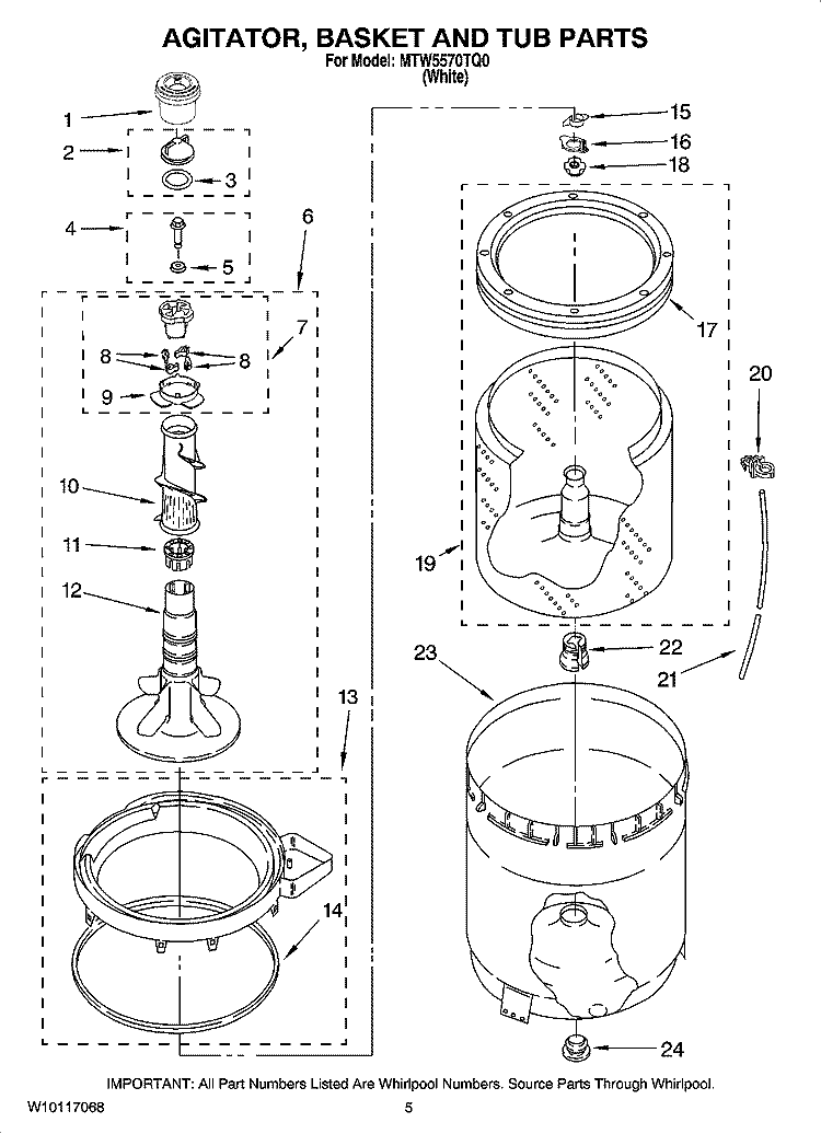 AGITATOR, BASKET AND TUB PARTS Diagram and Parts List for MTW5570TQ0  Whirlpool Washer