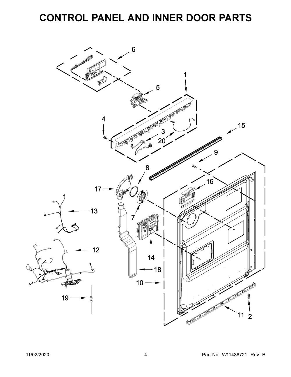 Control Panel And Inner Door Parts Diagram and Parts List for KDPM604KBS0  Whirlpool Dishwasher