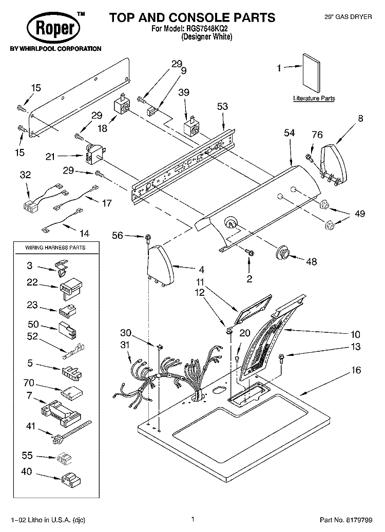TOP AND CONSOLE, LITERATURE Diagram and Parts List for RGS7648KQ2  Roper Dryer