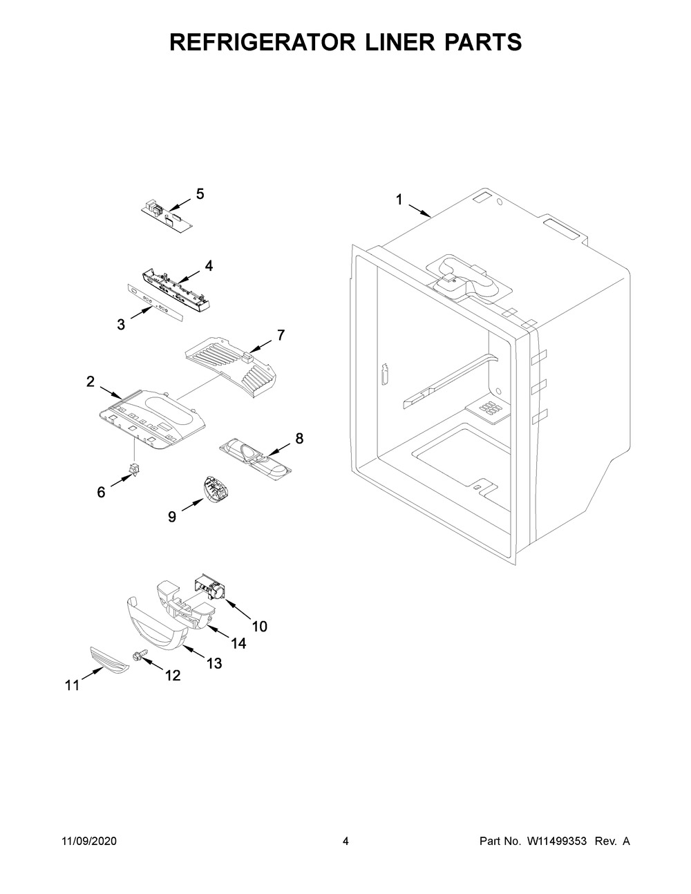 Refrigerator Liner Parts Diagram and Parts List for WRB329DMBM02  Whirlpool Refrigerator