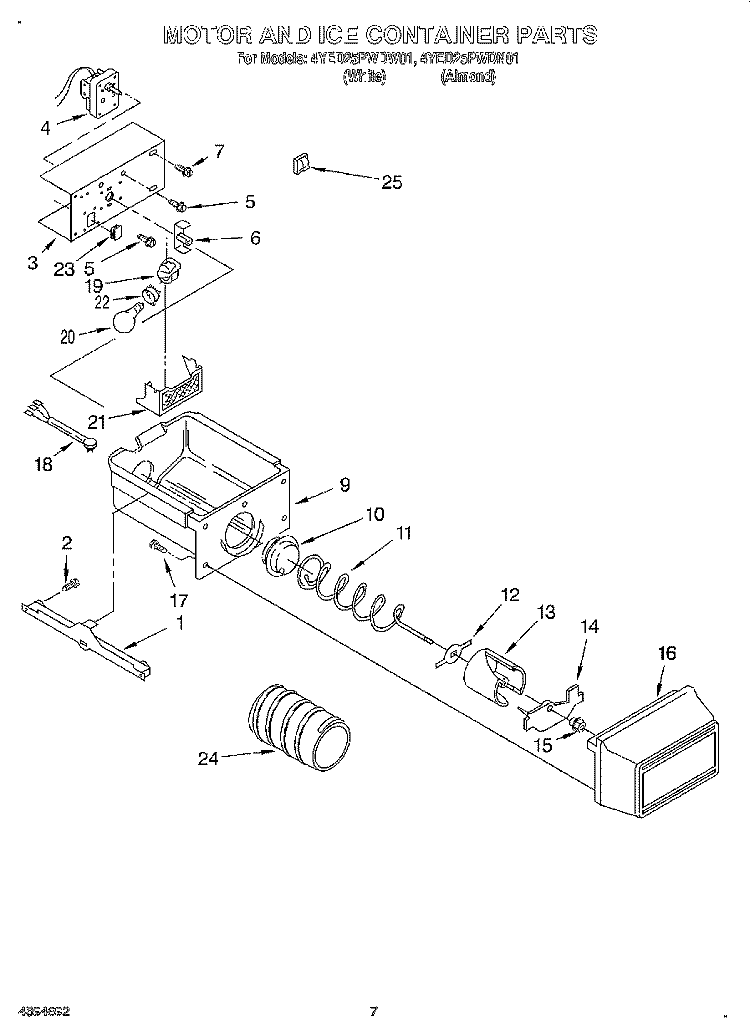 MOTOR AND ICE CONTAINER Diagram and Parts List for 4YED25PWDW01  Whirlpool Refrigerator